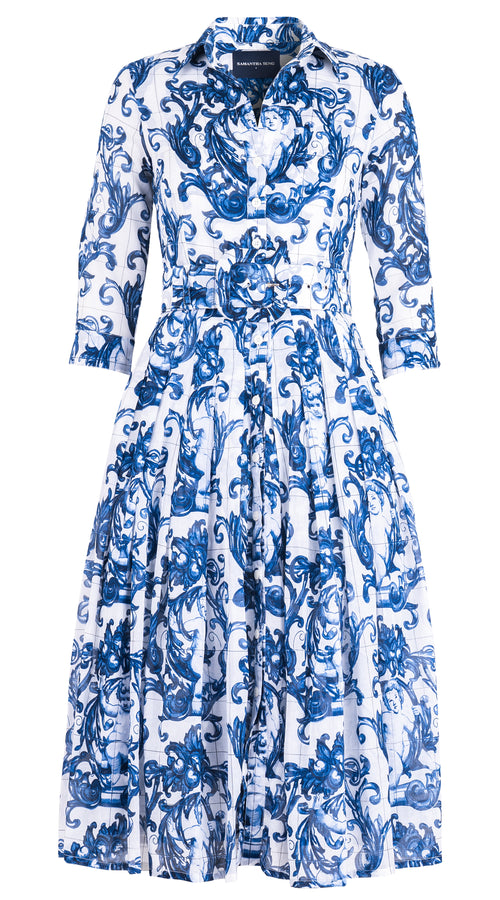 Audrey Dress #4 Shirt Collar 3/4 Sleeve Midi Length Cotton Musola (Cherub Tile) @1