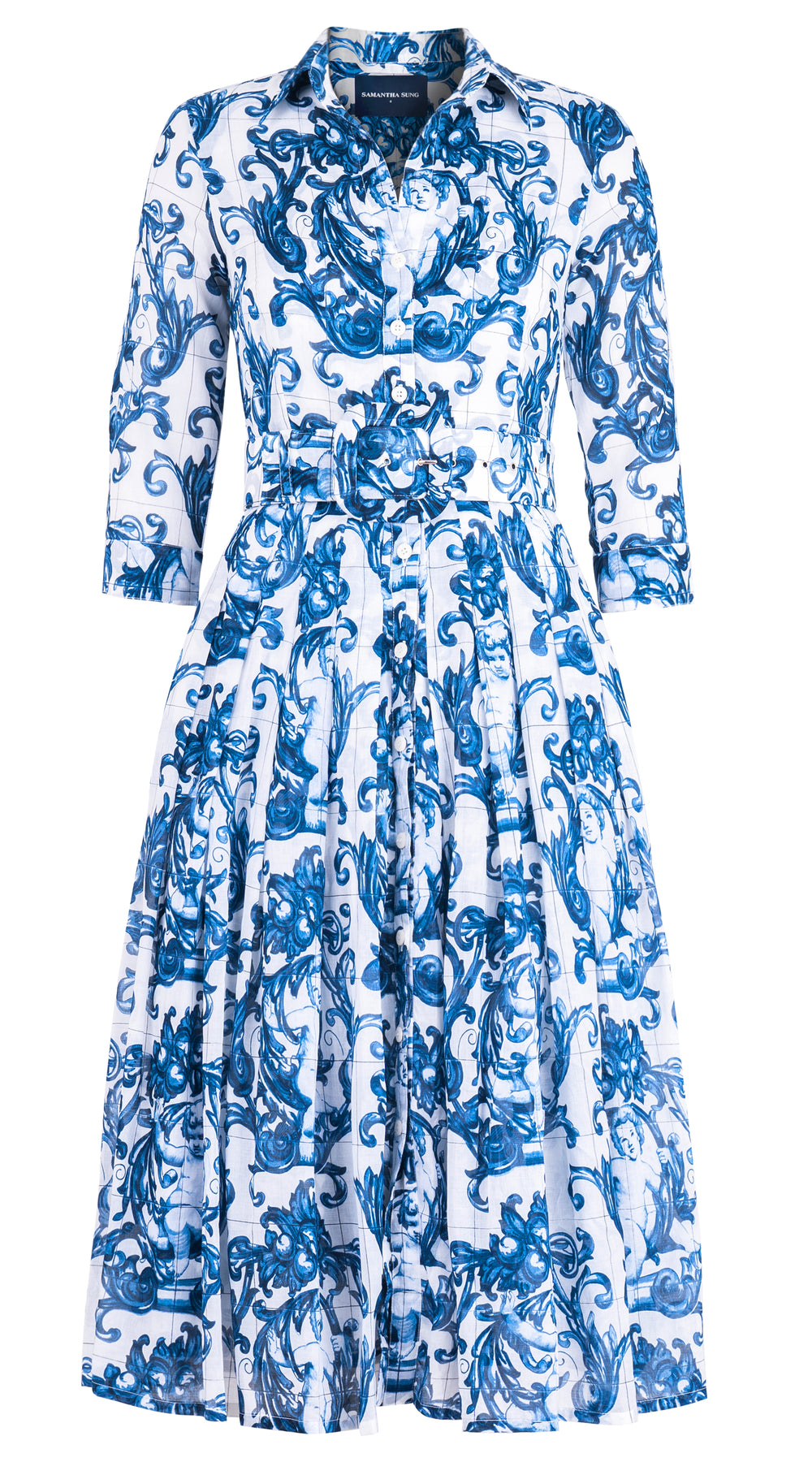 Audrey Dress #4 Shirt Collar 3/4 Sleeve Midi Length Cotton Musola (Cherub Tile)