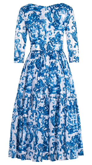 Melanie Dress Round Neck 3/4 Sleeve Midi Plus Length Cotton Musola (Cherub Tile)