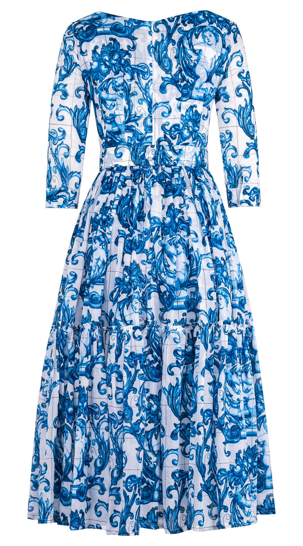 Melanie Dress Round Neck 3/4 Sleeve Midi Plus Length Cotton Musola (Cherub Tile)