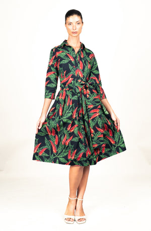 Audrey Dress #1 Shirt Collar 3/4 Sleeve Long Length Cotton Stretch (Chilli Pepper)