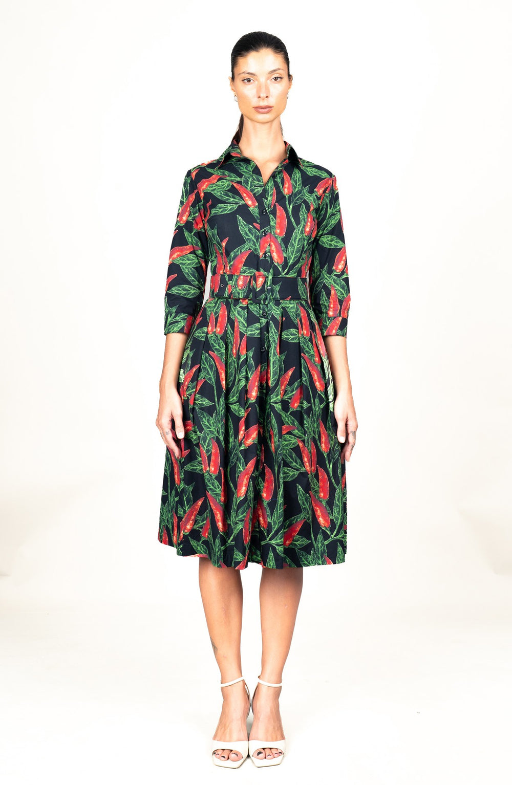 Audrey Dress #1 Shirt Collar 3/4 Sleeve Long Length Cotton Stretch (Chilli Pepper)