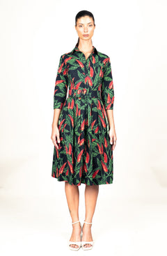 Audrey Dress #1 Shirt Collar 3/4 Sleeve Long Length Cotton Stretch (Chilli Pepper)