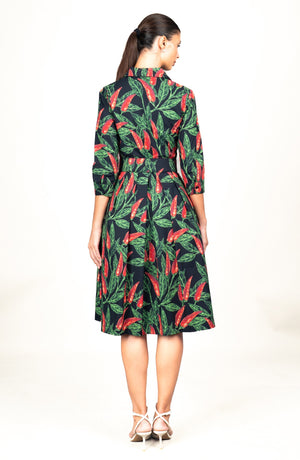 Audrey Dress #1 Shirt Collar 3/4 Sleeve Long Length Cotton Stretch (Chilli Pepper)