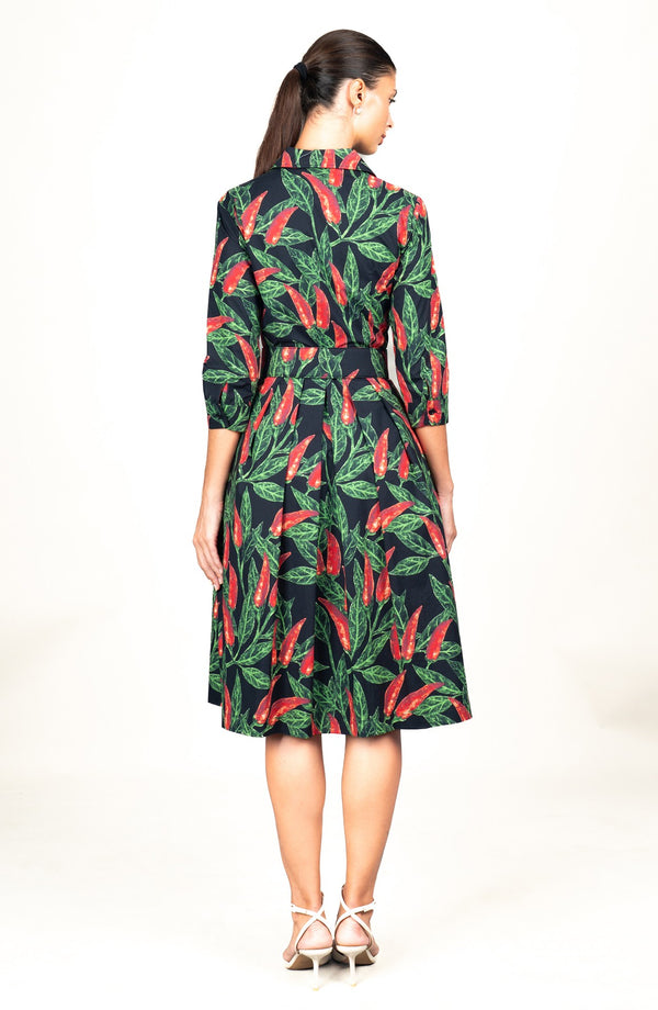 Audrey Dress #1 Shirt Collar 3/4 Sleeve Long Length Cotton Stretch (Chilli Pepper)