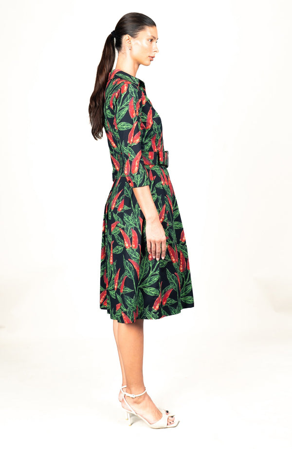 Audrey Dress #1 Shirt Collar 3/4 Sleeve Long Length Cotton Stretch (Chilli Pepper)