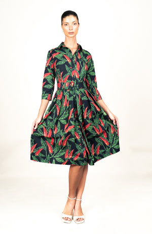 Audrey Dress #1 Shirt Collar 3/4 Sleeve Long Length Cotton Stretch (Chilli Pepper)