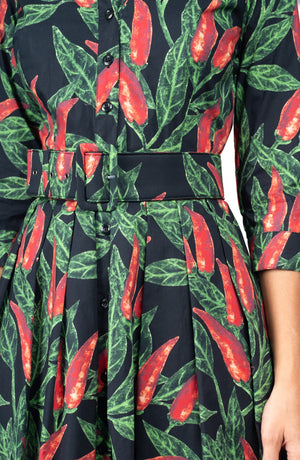 Audrey Dress #1 Shirt Collar 3/4 Sleeve Long Length Cotton Stretch (Chilli Pepper)