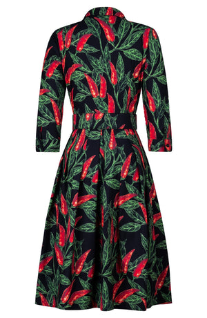 Audrey Dress #1 Shirt Collar 3/4 Sleeve Long Length Cotton Stretch (Chilli Pepper)