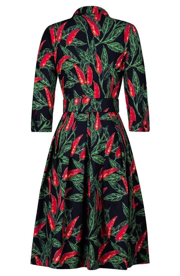 Audrey Dress #1 Shirt Collar 3/4 Sleeve Long Length Cotton Stretch (Chilli Pepper)