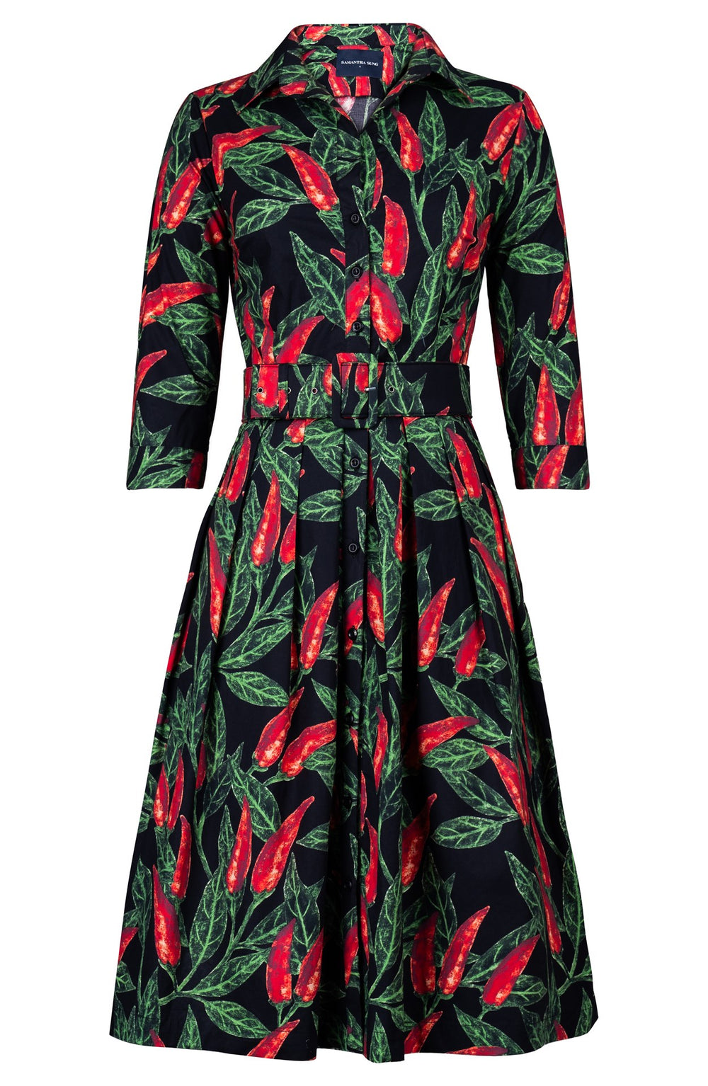 Audrey Dress #1 Shirt Collar 3/4 Sleeve Long Length Cotton Stretch (Chilli Pepper)