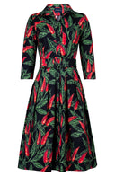 Audrey Dress #1 Shirt Collar 3/4 Sleeve Long Length Cotton Stretch (Chilli Pepper)