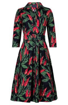 Audrey Dress #1 Shirt Collar 3/4 Sleeve Long Length Cotton Stretch (Chilli Pepper)