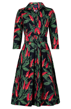 Audrey Dress #1 Shirt Collar 3/4 Sleeve Long Length Cotton Stretch (Chilli Pepper)