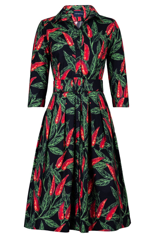 Audrey Dress #1 Shirt Collar 3/4 Sleeve Long Length Cotton Stretch (Chilli Pepper)