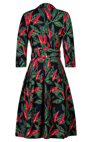 Audrey Dress #1 Shirt Collar 3/4 Sleeve Long Length Cotton Stretch (Chilli Pepper)