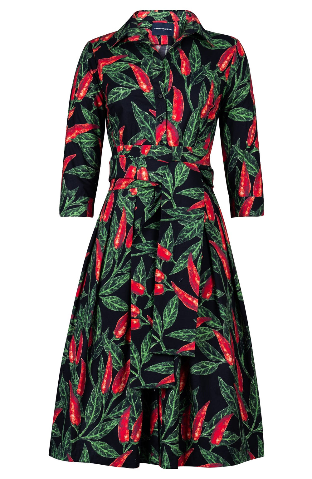 Audrey Dress #1 Shirt Collar 3/4 Sleeve Long Length Cotton Stretch (Chilli Pepper)