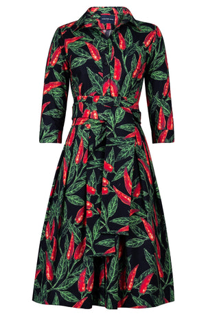 Audrey Dress #1 Shirt Collar 3/4 Sleeve Long Length Cotton Stretch (Chilli Pepper)