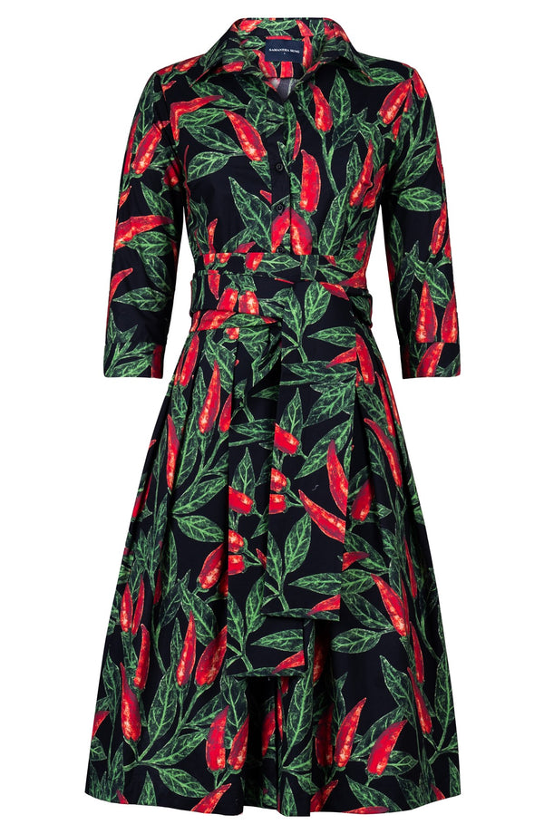 Audrey Dress #1 Shirt Collar 3/4 Sleeve Long Length Cotton Stretch (Chilli Pepper)