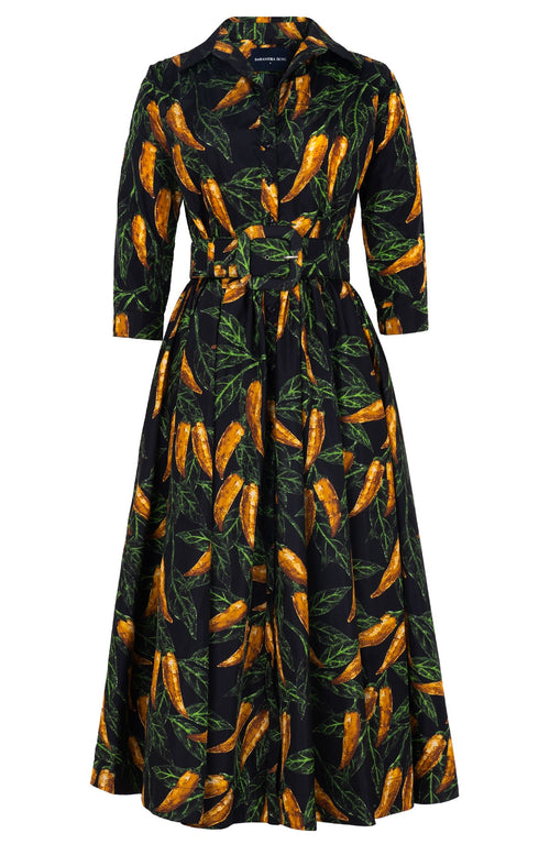 Terry Dress Shirt Collar 3/4 Sleeve Midi Plus Length Poliamide Taffta (Chilli Pepper)