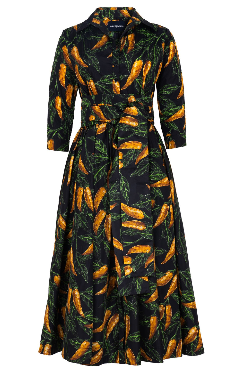 Terry Dress Shirt Collar 3/4 Sleeve Midi Plus Length Poliamide Taffta (Chilli Pepper)