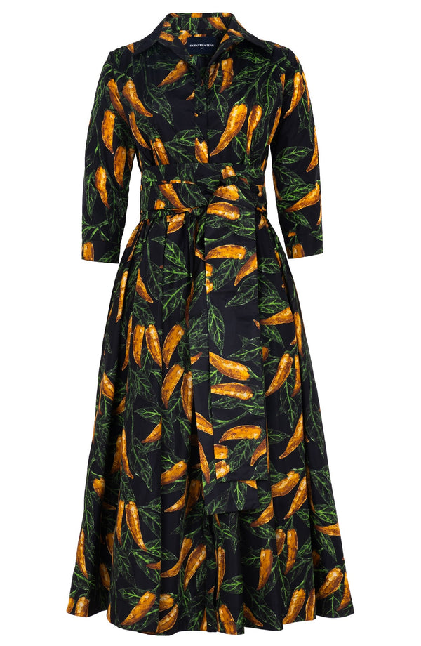 Terry Dress Shirt Collar 3/4 Sleeve Midi Plus Length Poliamide Taffta (Chilli Pepper)