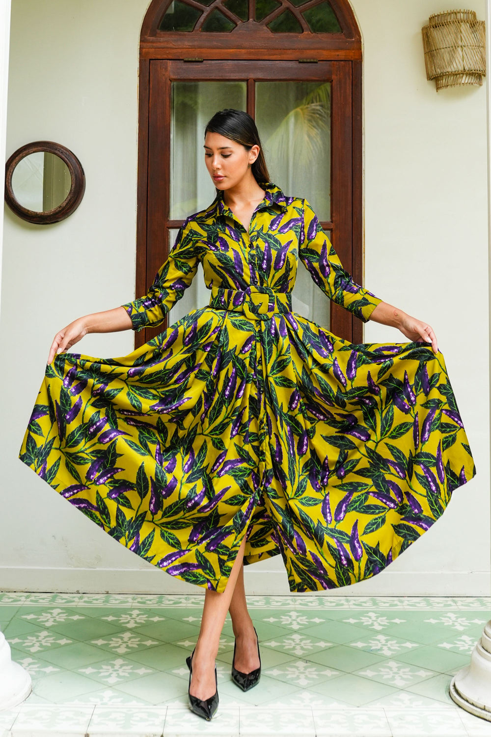 Audrey Dress #7 Shirt Collar 3/4 Sleeve Midi Length Poliamide Taffta (Chilli Pepper)