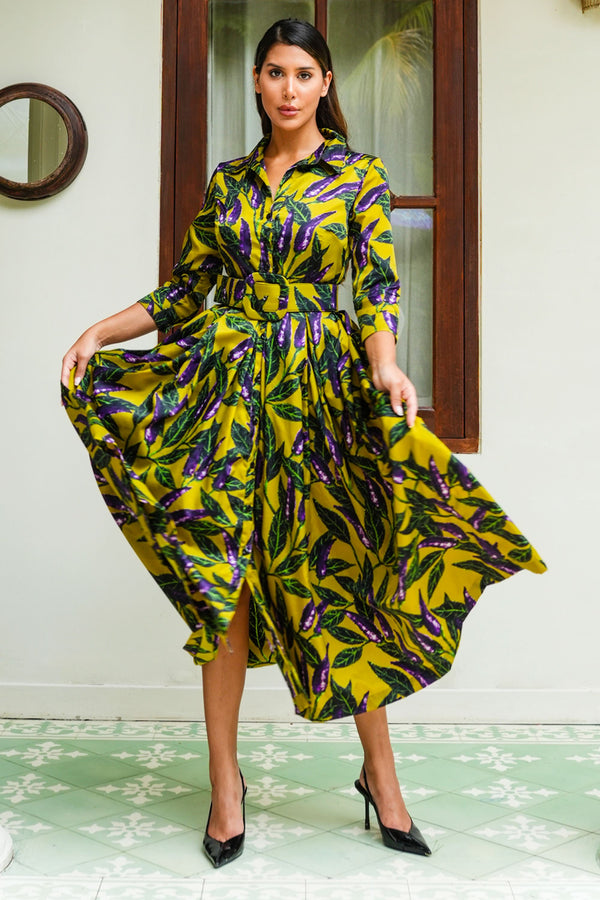 Audrey Dress #7 Shirt Collar 3/4 Sleeve Midi Length Poliamide Taffta (Chilli Pepper)