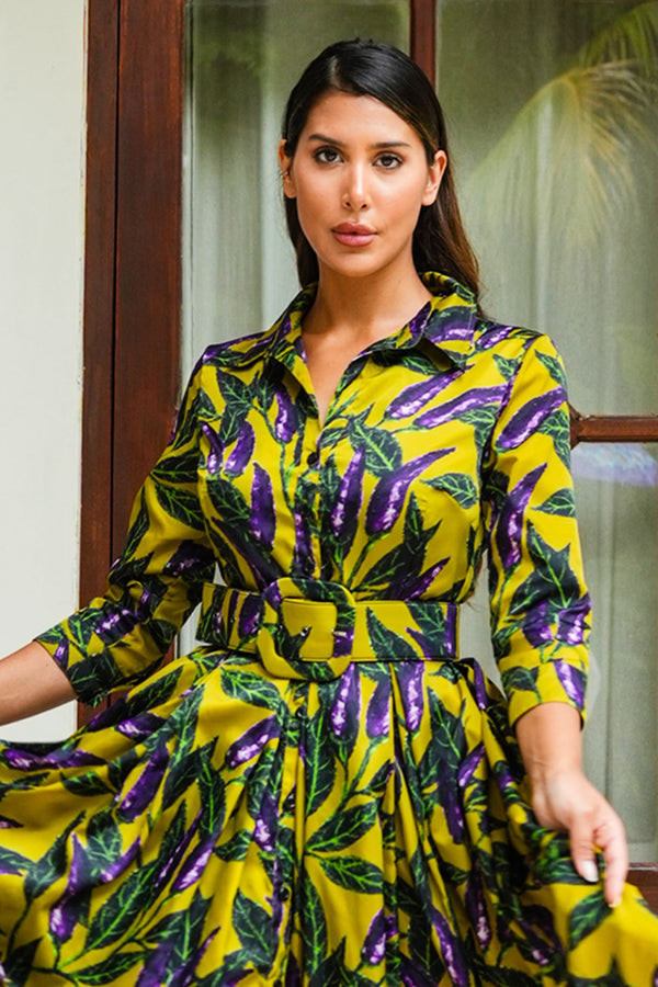 Audrey Dress #7 Shirt Collar 3/4 Sleeve Midi Length Poliamide Taffta (Chilli Pepper)