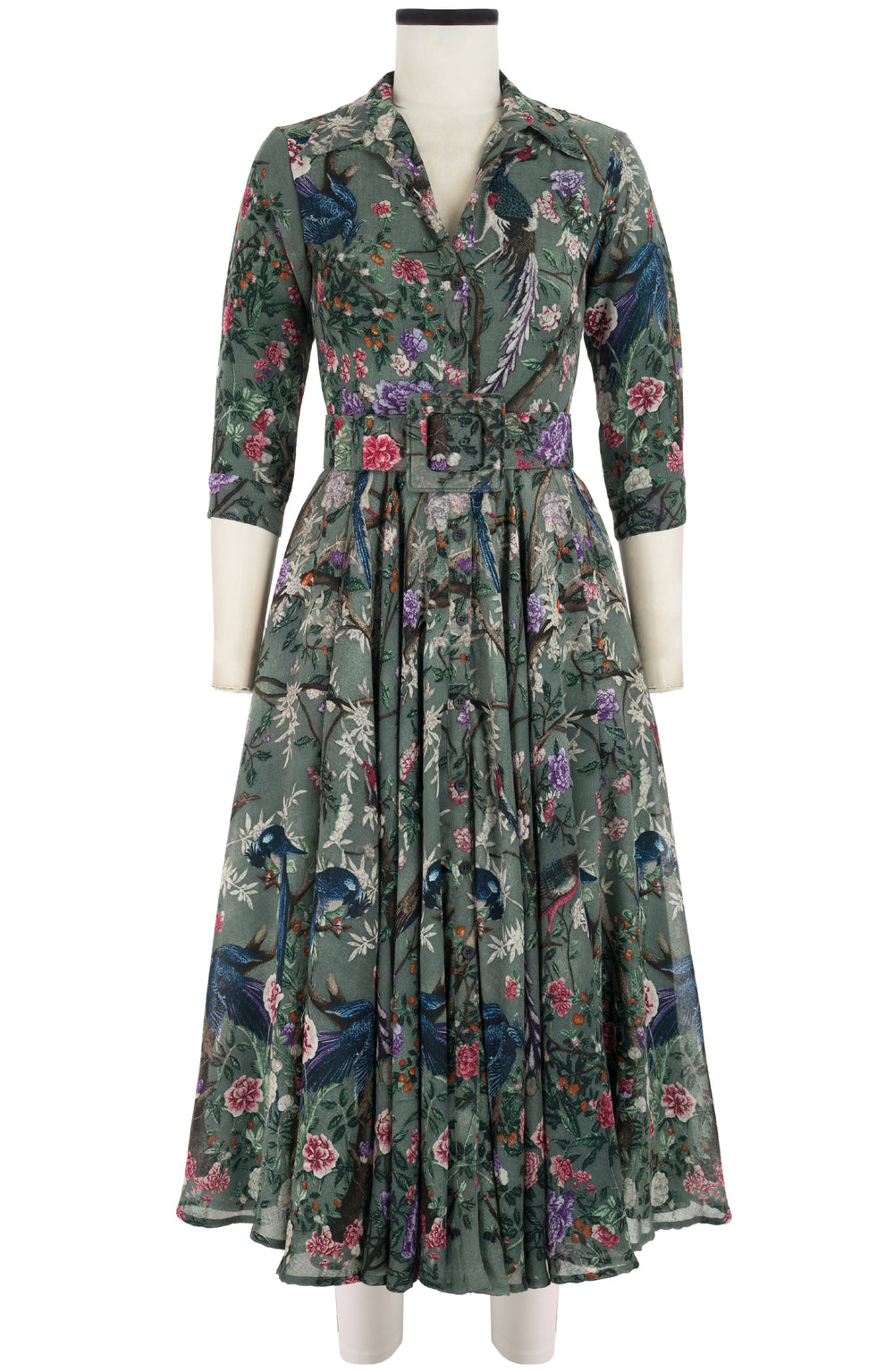 Aster Dress Shirt Collar 3/4 Sleeve Midi Plus Length Wool (Chinoi Magnolia) - Dusty Green