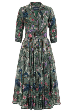 Aster Dress Shirt Collar 3/4 Sleeve Midi Plus Length Wool (Chinoi Magnolia) - Dusty Green