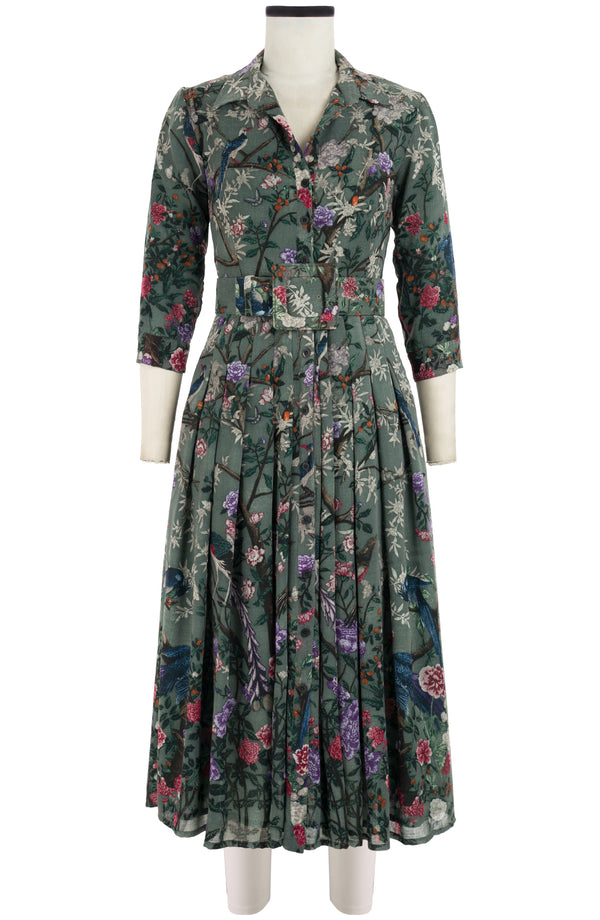 Audrey Dress #4 Shirt Collar 3/4 Sleeve Midi Plus Length Wool (Chinoi Magnolia) - Dusty Green