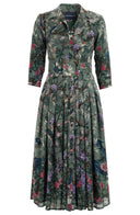 Audrey Dress #4 Shirt Collar 3/4 Sleeve Midi Plus Length Wool (Chinoi Magnolia) - Dusty Green