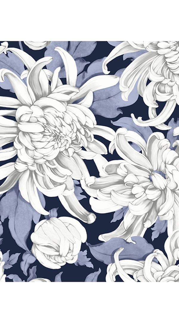 Audrey Dress #1 Shirt Collar 3/4 Sleeve Long Length Cotton Stretch (Chrysanthemum Flower Big)