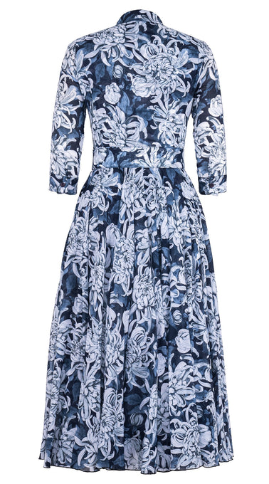 Aster Dress Shirt Collar 3/4 Sleeve Midi Plus Length Cotton Musola (Chrysanthemum Flower Big)
