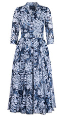 Aster Dress Shirt Collar 3/4 Sleeve Midi Plus Length Cotton Musola (Chrysanthemum Flower Big)