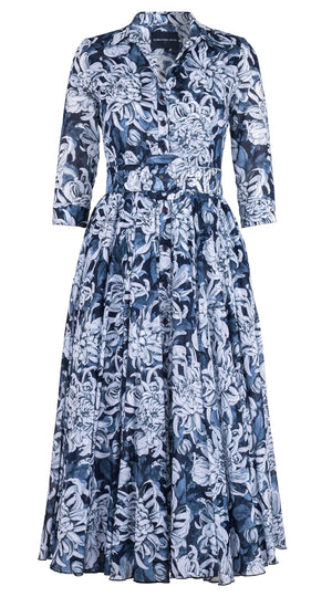 Aster Dress Shirt Collar 3/4 Sleeve Midi Plus Length Cotton Musola (Chrysanthemum Flower Big)