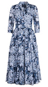 Aster Dress Shirt Collar 3/4 Sleeve Midi Plus Length Cotton Musola (Chrysanthemum Flower Big)