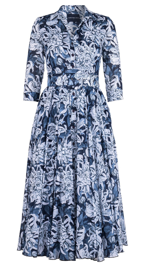 Aster Dress Shirt Collar 3/4 Sleeve Midi Plus Length Cotton Musola (Chrysanthemum Flower Big)