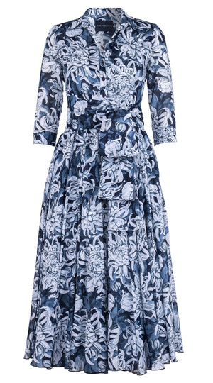 Aster Dress Shirt Collar 3/4 Sleeve Midi Plus Length Cotton Musola (Chrysanthemum Flower Big)