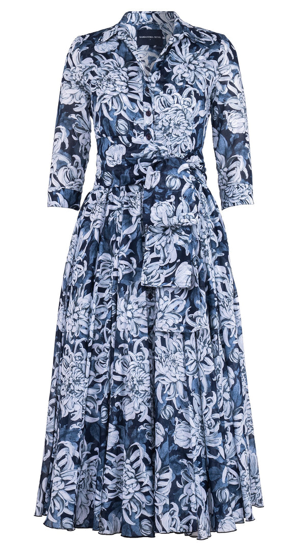 Aster Dress Shirt Collar 3/4 Sleeve Midi Plus Length Cotton Musola (Chrysanthemum Flower Big)