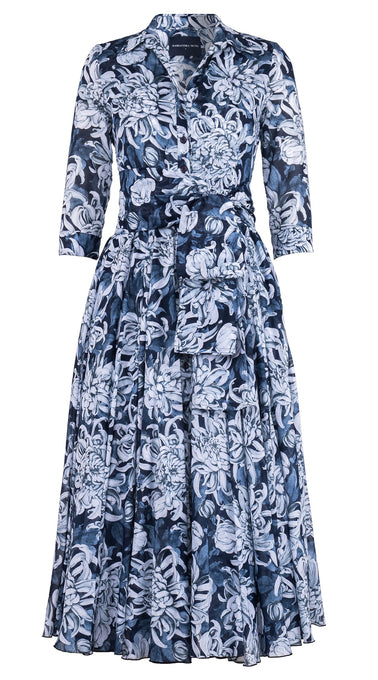 Aster Dress Shirt Collar 3/4 Sleeve Midi Plus Length Cotton Musola (Chrysanthemum Flower Big)