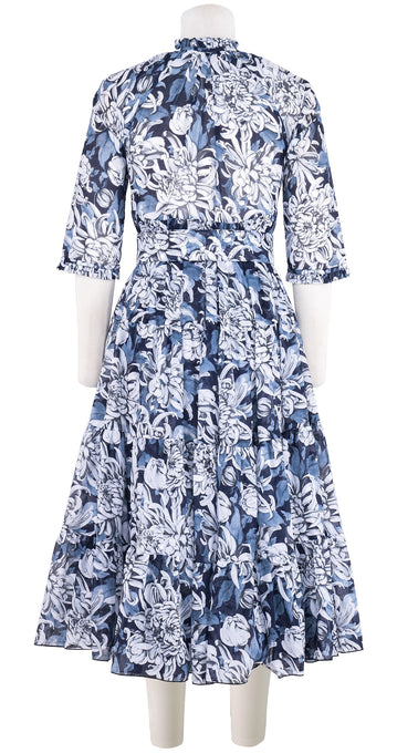 Eden Dress Crew Neck 3/4 Sleeve Midi Length Cotton Musola (Chrysanthemum Flower Big)