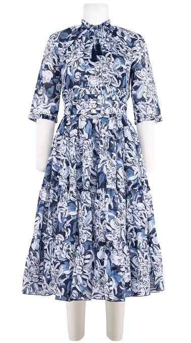 Eden Dress Crew Neck 3/4 Sleeve Midi Length Cotton Musola (Chrysanthemum Flower Big)
