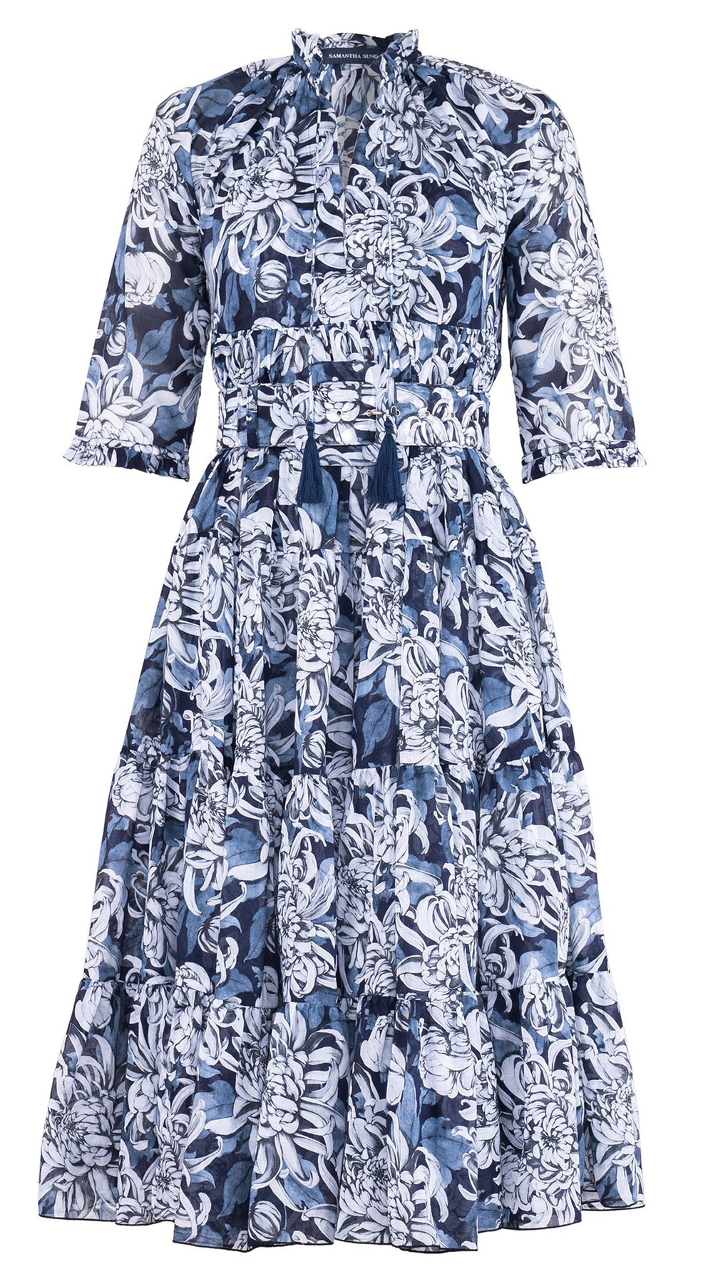 Eden Dress Crew Neck 3/4 Sleeve Midi Length Cotton Musola (Chrysanthemum Flower Big)