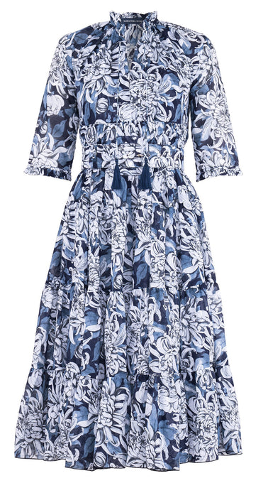 Eden Dress Crew Neck 3/4 Sleeve Midi Length Cotton Musola (Chrysanthemum Flower Big)