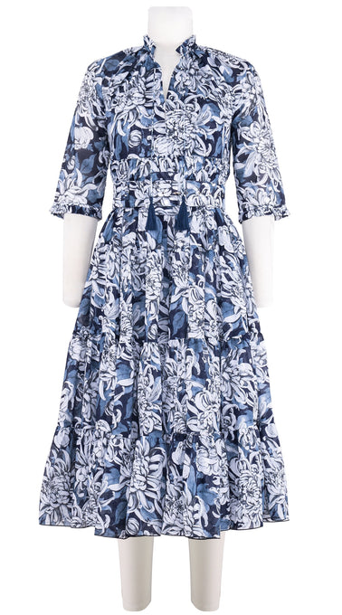 Eden Dress Crew Neck 3/4 Sleeve Midi Length Cotton Musola (Chrysanthemum Flower Big)