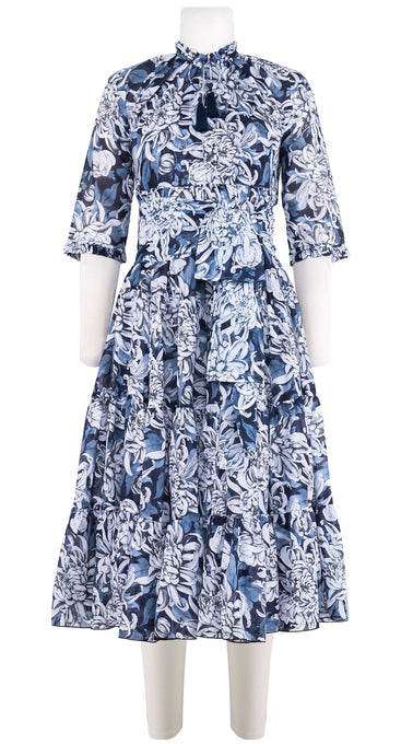 Eden Dress Crew Neck 3/4 Sleeve Midi Length Cotton Musola (Chrysanthemum Flower Big)
