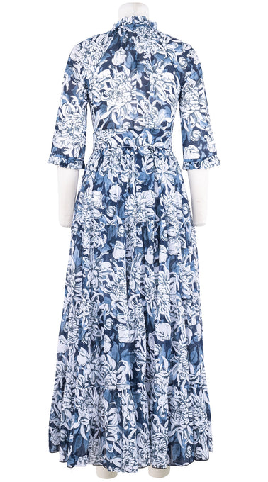Eva Dress Crew Neck 3/4 Sleeve Maxi Length Cotton Musola (Chrysanthemum Flower Big)