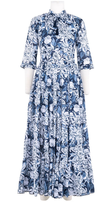 Eva Dress Crew Neck 3/4 Sleeve Maxi Length Cotton Musola (Chrysanthemum Flower Big)